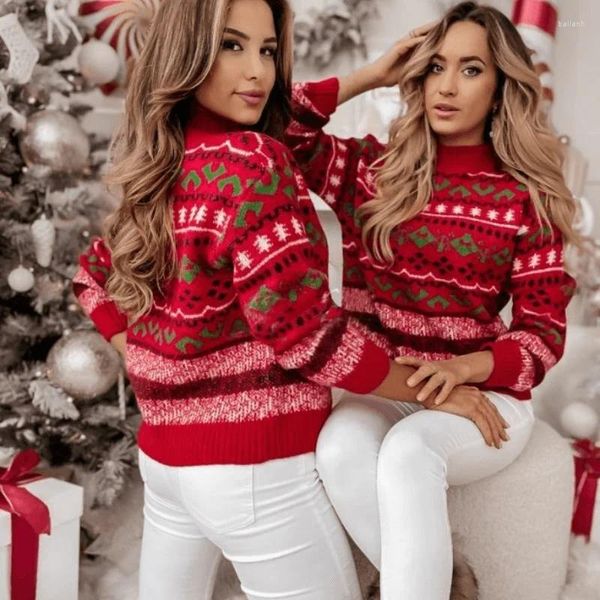 Damenpullover 2023 Weihnachten Damen Pullover Schwestern Mädchen passende Kleidung Weihnachtslook Mock-Neck verdickte Strickwaren warme weiche Pullover Pullover