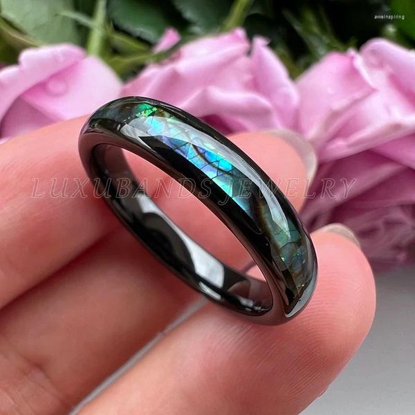 Anéis de casamento 4mm preto mulheres carboneto de tungstênio para homens abalone shell incrustação abobadada acabamento polido noivado conforto ajuste