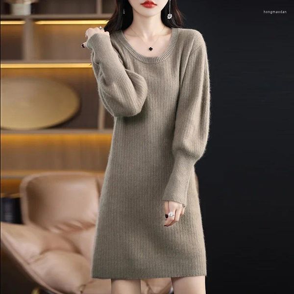 Abiti casual 2023 Autunno Inverno Visone Cashmere Girocollo Pullover Gonna Lunga da donna Sciolto in lana Tinta unita Maglione lavorato a maglia Camicia Top