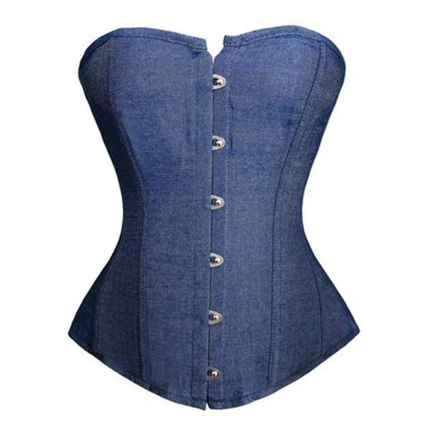 Frauen Blue Denim Jeans Vollbrustkorsett Plus Größe S-6XL Klassische Schnürung Kunststoff ohne Knochen Bustier Dessous Night Out Clubwear Cosplay O301d