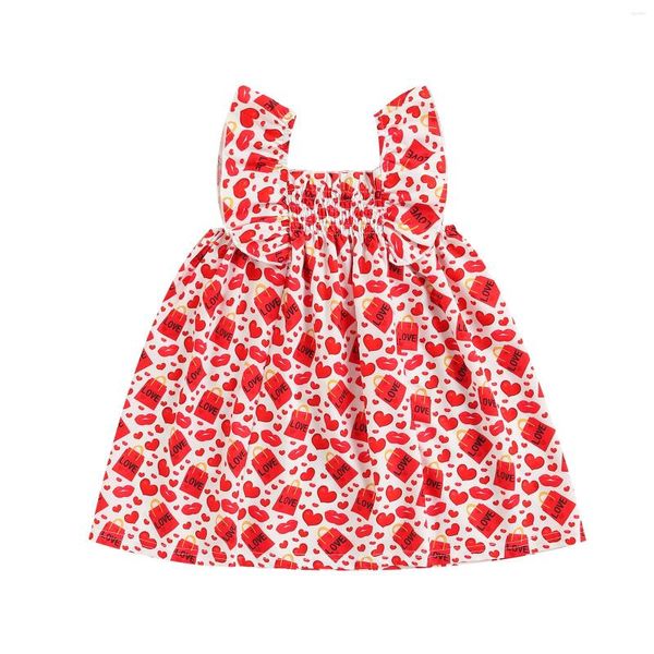 Mädchenkleider 2023 1-6J Nettes Kind Baby Mädchen Kleid Sommer Rüschen Träger Quadratischer Kragen Herzen LIEBE Geschenk Druck Rot Ärmellos Lose A-Linie