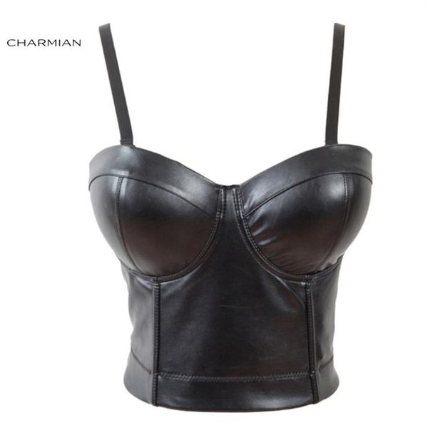 Charmian donna sexy cinturino in ecopelle bustier racer bustier top corsetti in pelle e bustier gotico pu crop top reggiseno Y19071246e