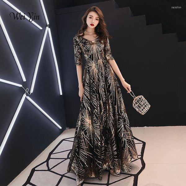 Vestidos de festa Weiyin Luxury Long Lanten Evening Dress Black A Line V Vestidos de pescoço Half Sleeves Prom formal WY942