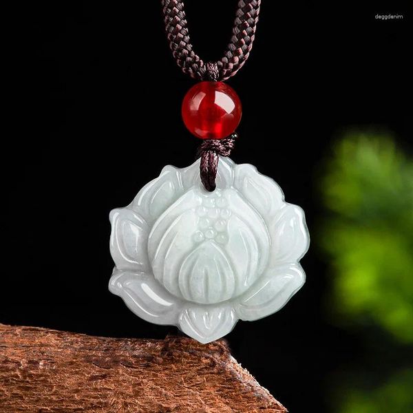 Anhänger Halsketten Natürliche Jade Lotus mit schöner Seilkette Halskette für Mann und Frauen Fengshui Geomantische Sicherheit Amulett Talisman