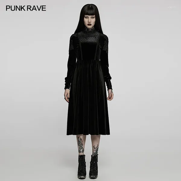 Vestidos casuais punk rave gótico mulheres vestido de veludo padrão de diamante preto goth colarinho apliques manga roupas vintage