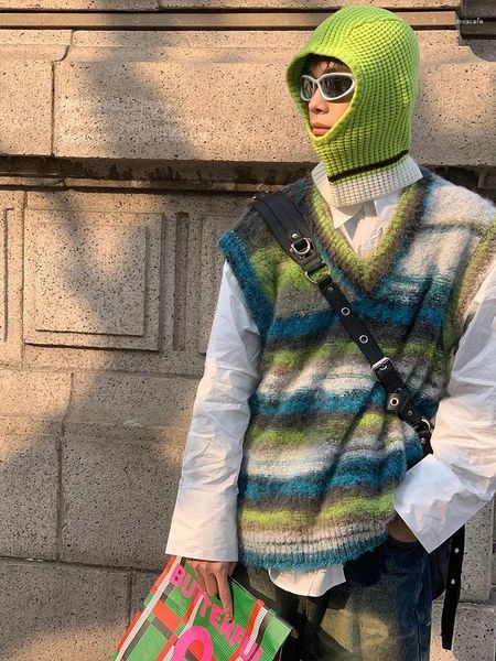 Мужские жилеты TINT ERA Винтажный свитер Жилет Трикотажные мужские свитера без рукавов Ретро пуловер с v-образным вырезом Синий японский уличная одежда Harajuku