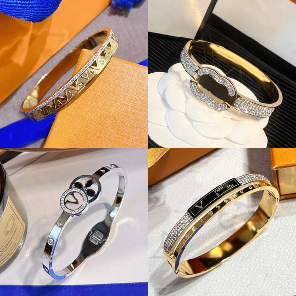 Designer di gioielli Bracciale di lusso Bracciale in cristallo da uomo Polsino da donna di marca Polso largo placcato oro 18 carati con motivi in acciaio inossidabile di alta qualità