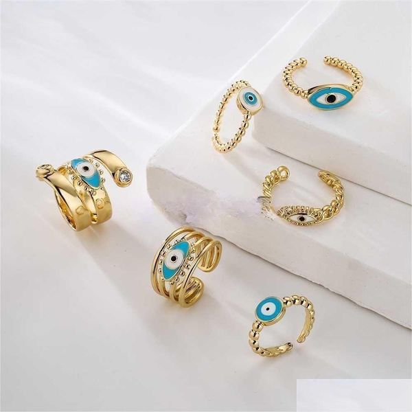 Anéis de banda anéis de banda newbuy moda esmalte sorte mal olho jóias 2022 na moda cor de ouro cobre anel de dedo aberto para mulheres dhgarden dhunq