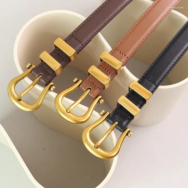 Cintos camada superior couro genuíno cinto de couro vintage fivela de anel de metal textura simples cinta de cintura decorativa feminina
