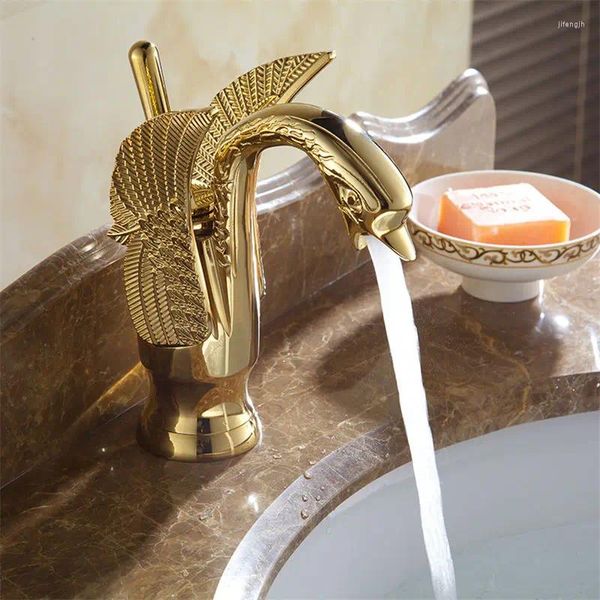 Badezimmer-Waschtischarmaturen Vidric Basin Design Swan Wasserhahn vergoldet Wash El Luxus Kupfer Mischbatterien und kalt