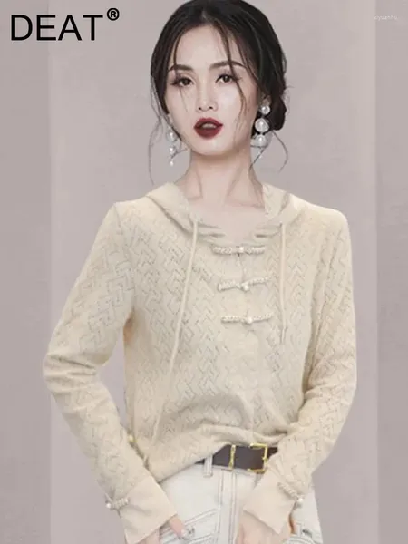 Suéteres femininos de malha com capuz camisola nicho design botões manga cheia pulôver cor sólida versátil 2023 moda feminina 15kb4864