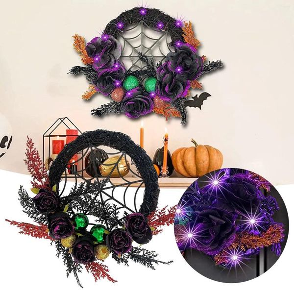 Flores decorativas 20 led grinaldas de halloween para porta da frente pré iluminadas luzes roxas artificiais grinalda decorações de parede para casa