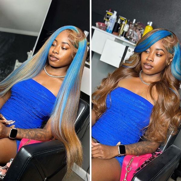 Mavi vurgular ile kahverengi dantel ön peruk renkli düz vücut dalgası insan saç perukları kadınlar için önceden koparılmış şeffaf dantel peruk