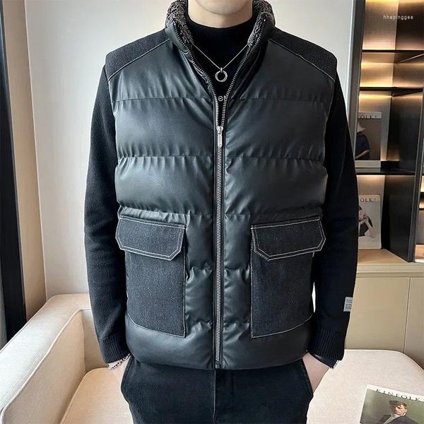 Gilet da uomo 2024 Colletto vintage vintage Gilet caldo in pelle PU Gilet invernale con tasche grandi spesse e larghe