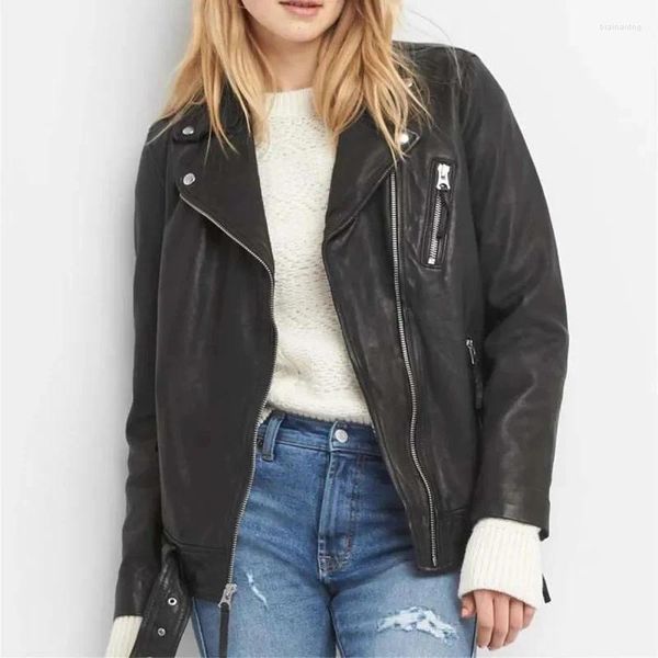 Damen Leder 2023 BF Boyfriend Style Oversize Echter Schaffell Mantel Motorradjacke Für Dame Weiblich Schwarz Plus Große Größe XL