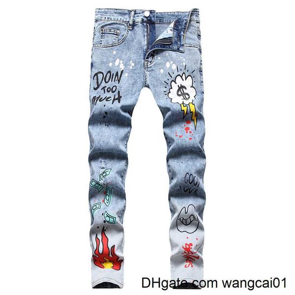 Jeans masculinos Men jeans impressos jeans Fashion Flame Tters Dollar Painted calça jea