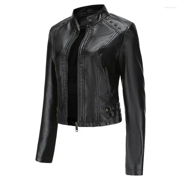 Gola de couro feminino curto rebite jaqueta motocicleta feminino outono/inverno casacos de pele para mulher