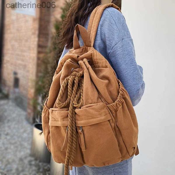 Rucksäcke Damen Leinwand Vintage Mädchen Freizeit Kordelzug Büchertasche Weiblich Braun Laptop College Rucksack Frauen Reisen Schultasche Mode CoolL231108