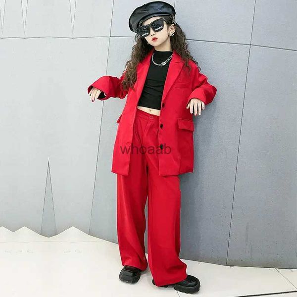 Set di abbigliamento Ragazze Blazer rosso Abiti Set di abbigliamento Primavera Autunno Bambini Giacche + Pantaloni Moda sciolto formale Adolescente Abiti casual 5-14 anni zln231108