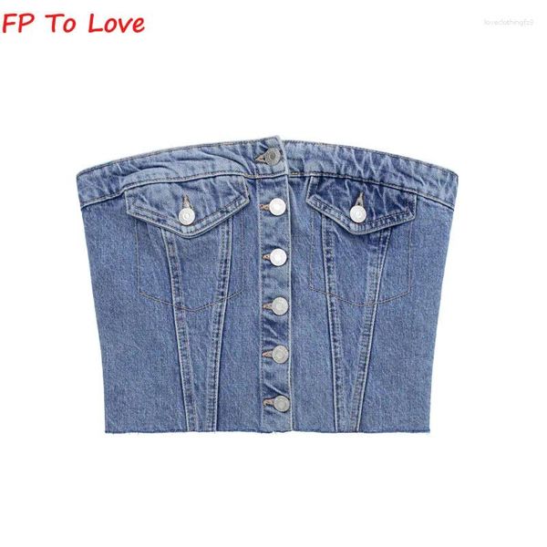 Canotte da donna Top senza spalline in denim blu Corsetto tubolare vintage monopetto estivo sexy petto corto senza schienale elastico con spalle scoperte