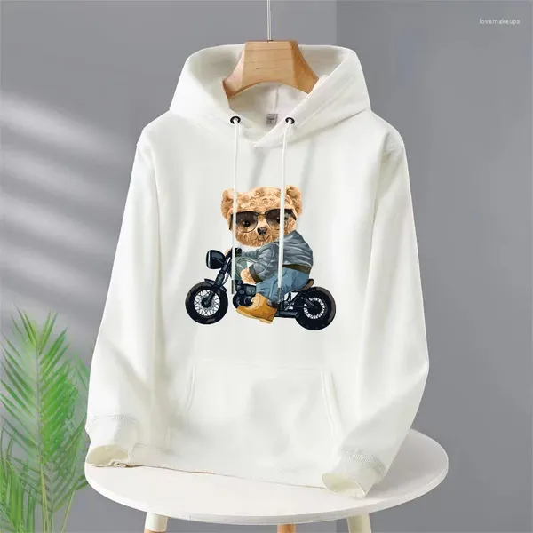 Hoodies masculinos motocicleta urso impressão para moda manga longa pulôver moletom com capuz unisex casual streetwear pano