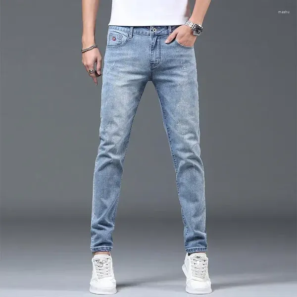 Jeans da uomo denim casual con vestibilità slim strappata elasticizzata elegante blu chiaro lavato design classico fidanzato di lusso