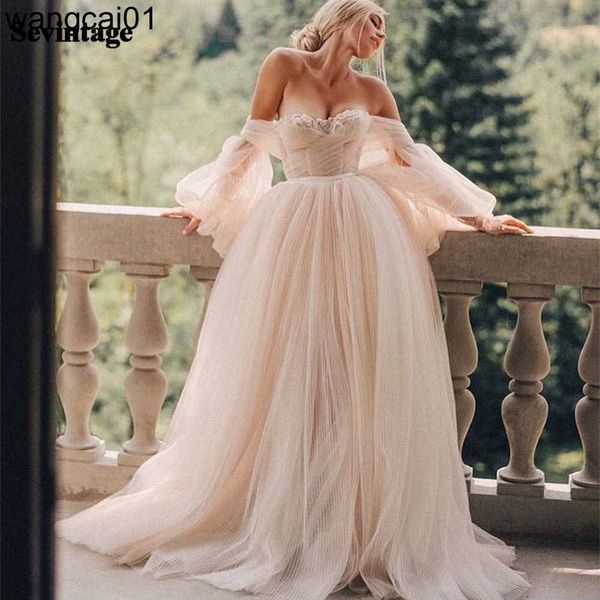 Abiti da festa Sevintage Pink Tul Abito da sposa A Line Puff Long Seves Garden Country Abiti da sposa Sweetheart Abito da sposa vestido novia 0408H23