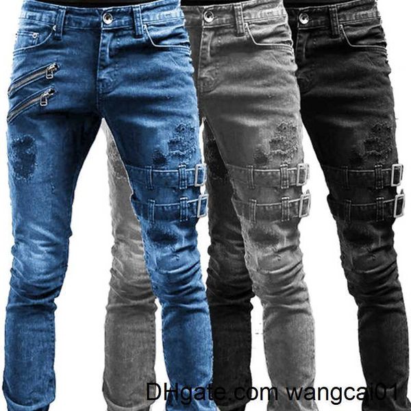 Erkek kot pantolon ince bisikletçi yırtık uzun kot pantolonlar skinny jeans cep yan kayışları ve fermuarlar ma jogging pantolonları yok etti esnek pantolon 0408h23