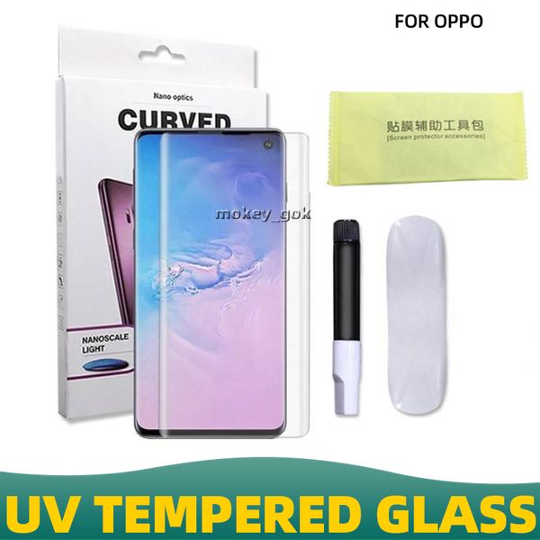 3D UV líquido cola completa vidro temperado para oppo encontre x x2 x3 x5pro reno3pro reno4pro reno6pro reno8t reno9pro plus com tela cheia com embalagens de varejo