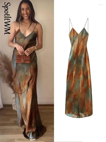 Casual Kleider Frauen Satin Kleid Tie Dye Für Sexy Ärmellose V-ausschnitt Slip Lange 2023 Sommer Weibliche Elegante Party Vestidos