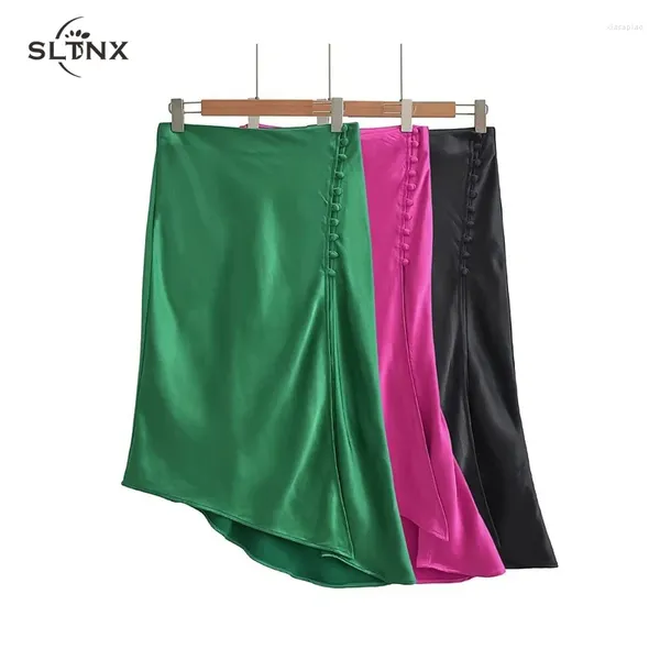 Saias sltnx moda 2023 verão saia feminina feminina dissimetria cintura alta cetim longo para mulher senhoras midi com fenda