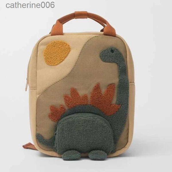 Rucksäcke Neue Stickerei Sonne Langen Hals Kleine Dinosaurier Rucksack Haken Haar Gestickte Cartoon Leinwand Kindergarten Kinder BackpackL231108