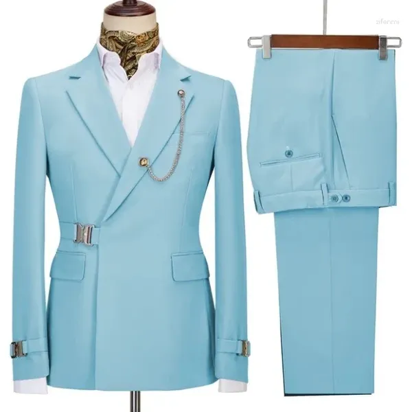 Ternos masculinos moda botões de metal conjunto 2 peças chique notch lapela masculino blazer elegante formal baile noivo casamento smoking jaqueta calças