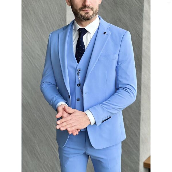 Abiti da uomo Blu cielo per uomo Giacca slim fit Monopetto Risvolto con risvolto Elegante giacca formale da ufficio in tre pezzi Pantaloni Gilet
