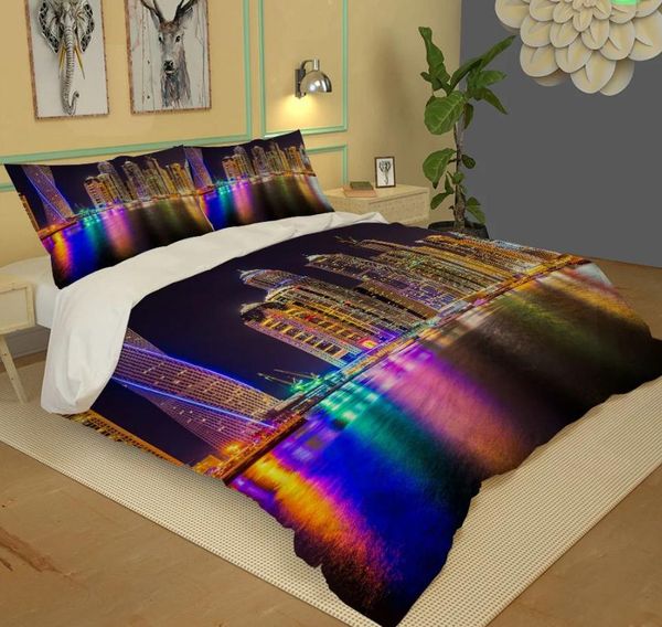 Set biancheria da letto per edificio foto blu notte Set di copertura Federa Lenzuola Trapunte Set di biancheria da letto 3D Copripiumino