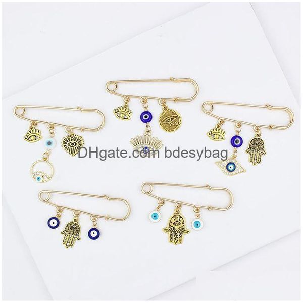 Pins, broches atacado Hamsa mão broche strass branco azul mal olho pino de segurança para amigos e família presente sorte jóias distintivo n dhxch