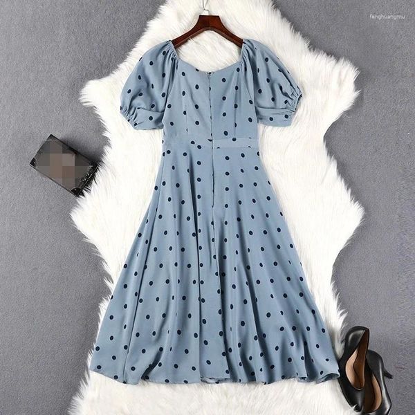 Vestidos de festa Marca Vintage Pull Manga Curta Inglaterra Estilo Dot Womens Cintura Alta Single Breasted Senhoras Plus Size 5XL