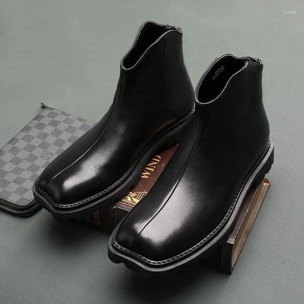 Botas Masculinas Tendência Couro Zíper Curto Quadrado Top Grosso Sola Sapatos Altos Ferradura