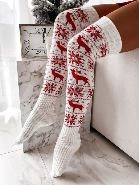 Calzini Calze Calze da donna natalizie Calze alte alla coscia Stampa con fiocchi di neve Calze sopra il ginocchio in maglia Calze calde femminili Calze Autunno Inverno 231108
