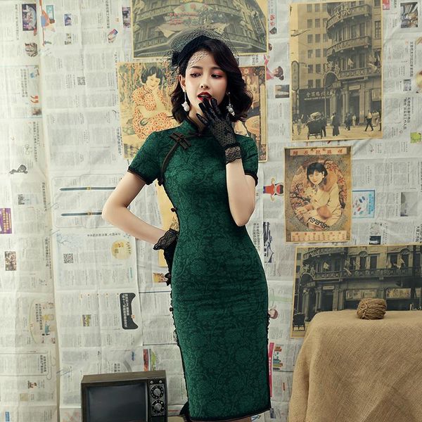 Abbigliamento etnico Pizzo Split Stile cinese Lady Cheongsam Abito elegante aderente medio-lungo Gonna a doppio strato sposa vintage peonia verde scuro