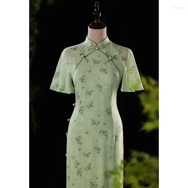 Etnik Giyim Yeşil Cheongsam Vintage Genç Yaz Basit Zarif Geliştirilmiş Girly Çinliler Uzun Qipao 2023 S ila 3xl