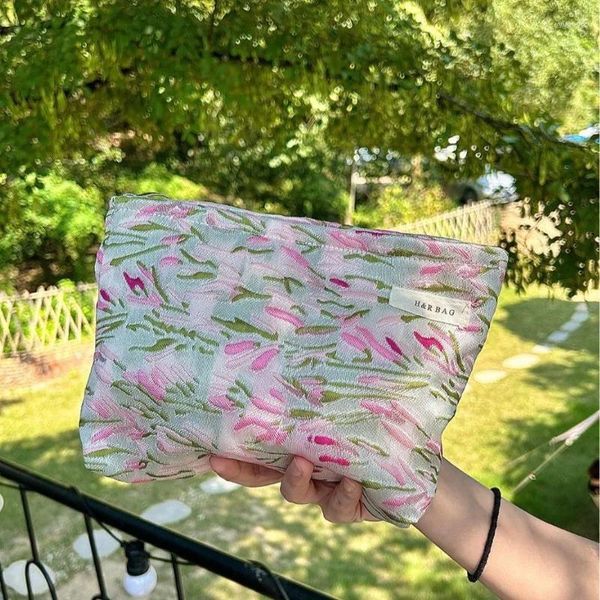 Borse per cosmetici Borsa da donna da 1 pezzo Borsa floreale retrò per ragazze Custodia per trucco floreale di colore rosa verde Organizzatore da viaggio per esterni