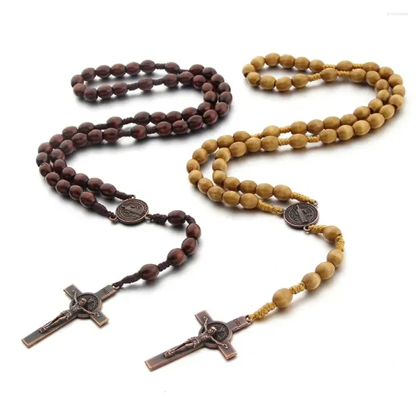 Ожерелья с подвесками ручной работы, деревянные бусины, четки, ожерелье для женщин и мужчин, распятие, крест, длинная плетеная веревочная цепь, религиозные ювелирные изделия для молитвы