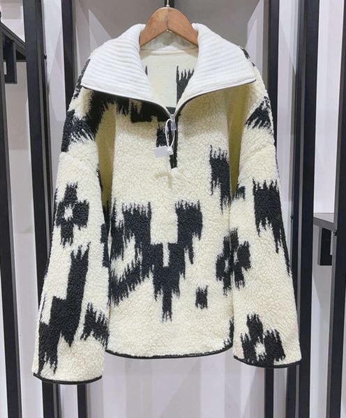 23AW Isabel Marant Женская смесовая шерсть Нишевая дизайнерская куртка Классический стиль Печатный винтажный воротник с половиной молнии из флиса Повседневный универсальный свитер Верхняя одежда Трендовые топы