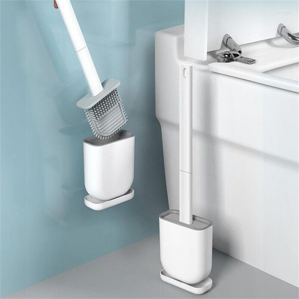 Set di accessori per il bagno Scopino e supporto per WC in silicone Appeso a parete per uso domestico Manico lungo Pulizia dei capelli morbidi
