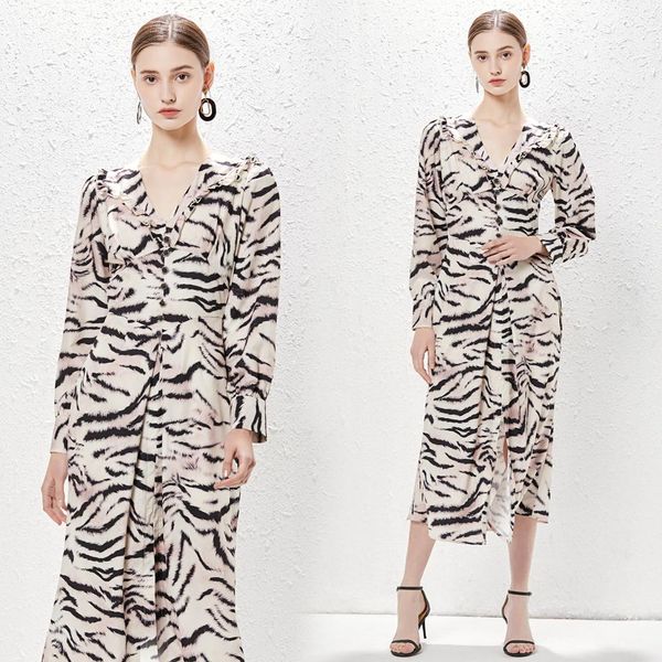 Повседневные платья модные женские женские платье весеннее осень V-образного вырезок Ruffles Lantern Elive Leopard Print Slim Party Long Rope vestidos 2023