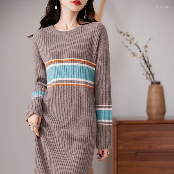 Повседневные платья, осенне-зимний кашемировый свитер из мериносовой ткани, женская длинная юбка с круглым вырезом в контрастную полоску, шерстяное платье, вязаный пуловер