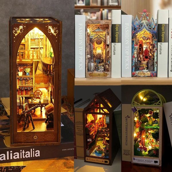 Brinquedo de Natal DIY Livro Nook Kit Prateleira Inserção Mini Firefly Forest House Wood Bookshelf Room Doll House Bookshelf Brinquedo Adulto 3D Puzzle Presente 231102