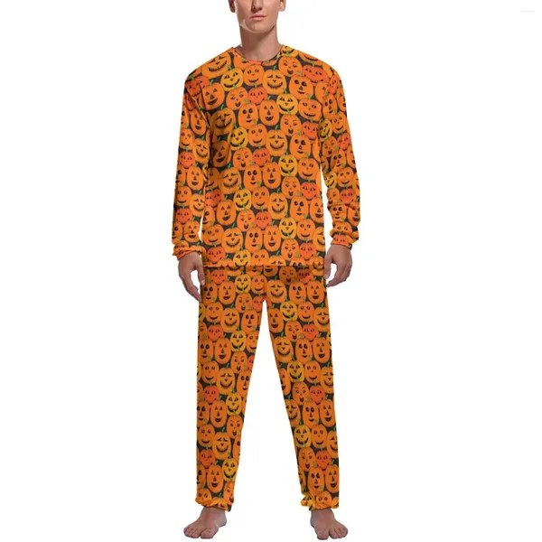 Pijamas masculinos bonito abóbora pijama manga longa impressão de halloween 2 peça casual pijama define inverno masculino personalizado kawaii