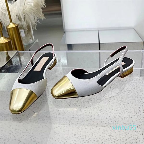 Sandálias grossas de alta qualidade Slingback sola de couro bloco robusto saltos planos dedo circular feminino designer de luxo vestido de casamento sapatos de escritório